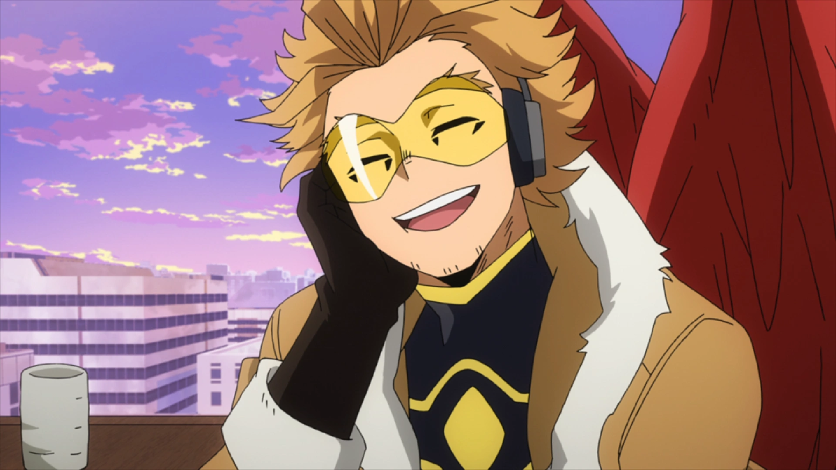 hawks de boku no hero academia sorrindo, my hero academia e capitão américa