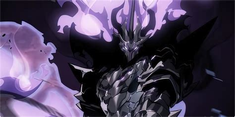 Imagem retratando Ashborn e o protagonista Jin-Woo em Solo Leveling, representando a passagem do poder de Monarca das Sombras.
