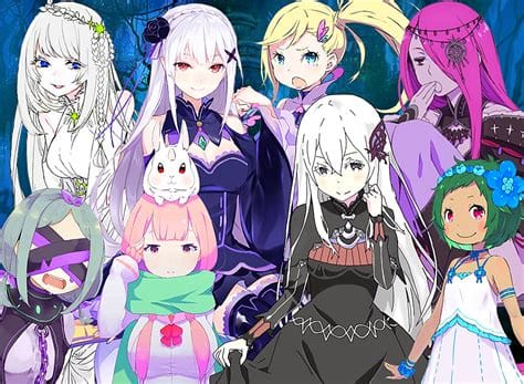 Imagem ilustrando as principais bruxas do anime Re:Zero, incluindo Echidna, Satella, Carmilla, Daphne e Typhon.