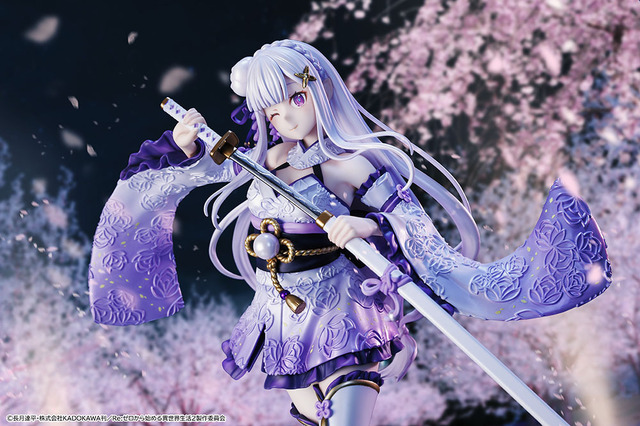 Figura da personagem Emilia, de Re:Zero, em traje tradicional japonês, lançada pela KDcolle da KADOKAWA.