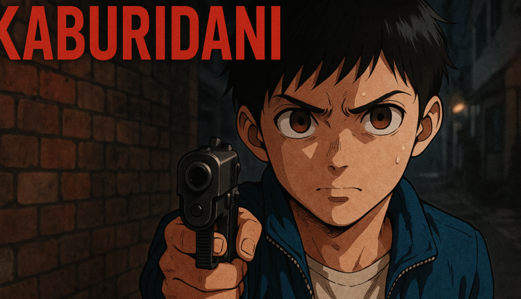 Imagem ilustrada em estilo mangá representando o protagonista de Kaburidani, com atmosfera sombria e tensão emocional em um beco urbano.