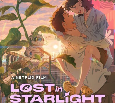 Imagem oficial divulgada pela Netflix Korea para promover o filme animado Lost in Starlight, com visual retro-cyberpunk e clima romântico.