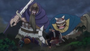 Imagem oficial do episódio 1142 de One Piece, destacando os gigantes de Elbaf e o momento decisivo de Vegapunk.